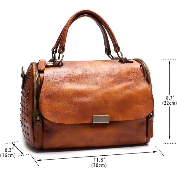 IVTG Brown Leather Satchel Medium Crossbody Studded Bag Purse - Picture 7 of 16